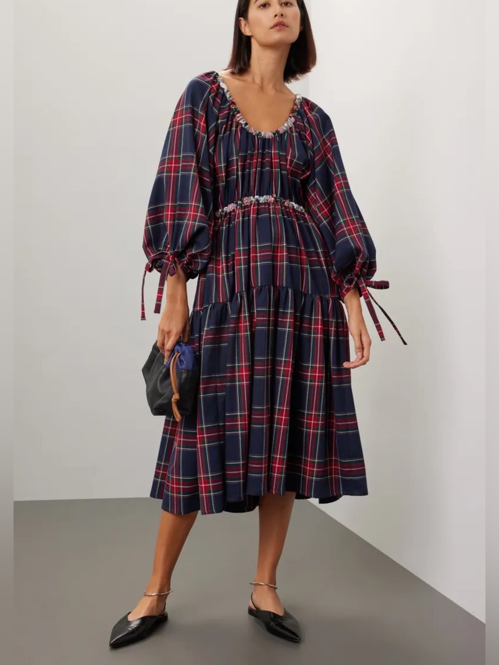 Plaid Tiered Midi Dress in Navy and Red